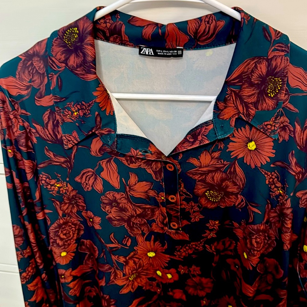 Zara NEW Size Large Cobalt Floral Printed Stretchy Dress